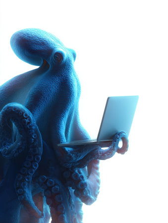 A realistic octopus holds a laptop, creating a unique representation of technology in a modern business environment.の素材