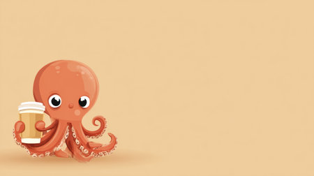 A friendly octopus mascot holds a cup of coffee, bringing a cheerful vibe to a clean morning environment with a simple design.の素材