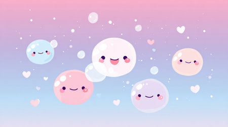 Colorful kawaii heart bubbles drift playfully in a soft gradient sky, creating a cheerful and whimsical atmosphere filled with joy.の素材
