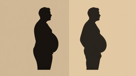 Silhouettes depict an overweight belly comparison highlighting shape reduction with a simple and clean minimal graphic design.の素材