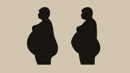 Silhouettes show a comparison of overweight bellies, highlighting shape reduction with minimalistic graphics on a beige surface.の素材