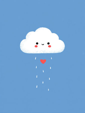 A joyful cloud with a smiling face releases tiny heart-shaped raindrops into a vast, clear blue sky, creating a cheerful scene.の素材
