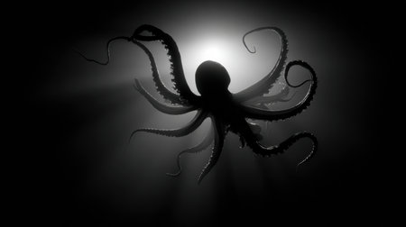 An octopus swims smoothly in black water, surrounded by a gentle mist of light that enhances its elegant silhouette.の素材