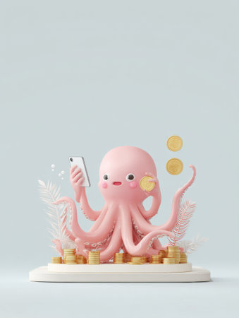 A cheerful octopus mascot is holding a smartphone and a coin, surrounded by stacks of coins in a soft, pastel finance-themed setting.の素材