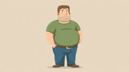 An overweight man dressed in a green shirt and blue jeans poses with hands in pockets on a plain beige backdrop, highlighting the beer belly issue.の素材
