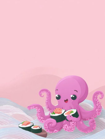 A joyful octopus character is happily holding sushi rolls in a soft pastel colored setting, perfect for food promotion.の素材