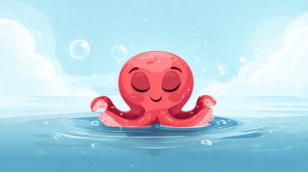 A cheerful octopus soaks in warm ocean springs, creating a peaceful scene with bright colors and gentle bubbles in the background.の素材