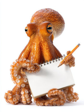 A charming octopus is writing in a notebook with a pencil, sitting at a clean blank board in a school environment, ready to learn.の素材