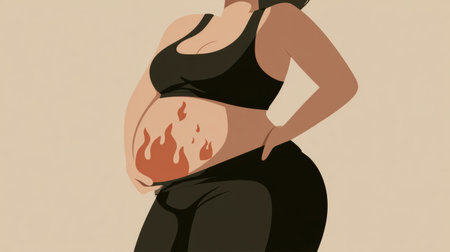 A woman is squeezing her belly while flames are illustrated, representing fat burning, against a soft beige background with a medical vibe.の素材