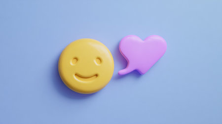 A cheerful 3D emoji is blowing a pink heart puff against a soft pastel background, with an empty section for text or designs.の素材