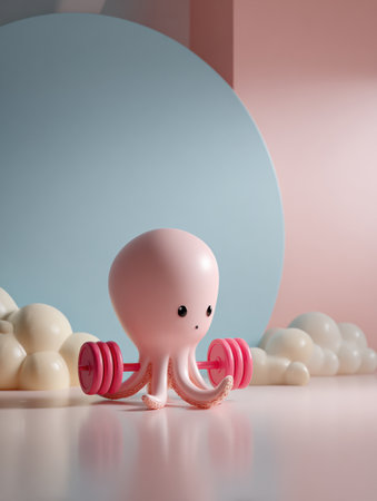 An adorable octopus lifts a pink dumbbell in a colorful, playful space filled with soft pastel clouds and a blank background.の素材