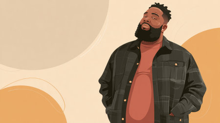 A man stands proudly with a relaxed smile, showcasing his beer belly against a warm background, exuding comfort and self-acceptance.の素材