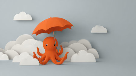 A charming octopus holds an orange umbrella while sitting amidst soft white clouds in a whimsical weather scene.の素材