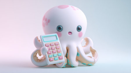A friendly octopus mascot smiles while holding a calculator, ready to help with budgeting in a soft pastel environment.の素材