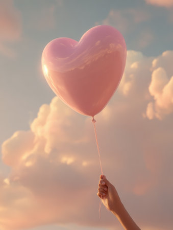 A cute heart balloon rises gently from cartoon hands against a serene pastel sky, creating a delightful scene of wonder and fun.の素材