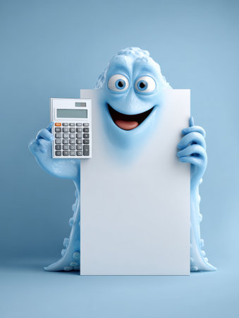 Happy octopus mascot holds a calculator while standing against a light pastel panel, encouraging effective budgeting in a fun way.の素材