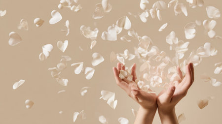 Hands gracefully blowing soft, white, heart-shaped petals in a serene, elegant atmosphere perfect for weddings.の素材