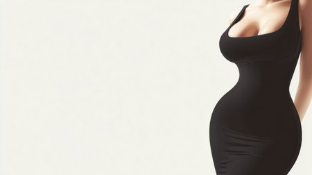 A woman showcases body shape issues while wearing a tight-fitting dress that highlights her belly bulge. This scene captures fashion difficulties.の素材