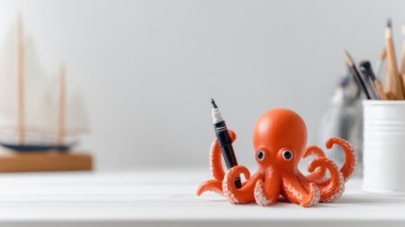 This adorable octopus holds a paint marker, ready to spark kids creativity in a soft, inviting DIY area perfect for artistic exploration.の素材