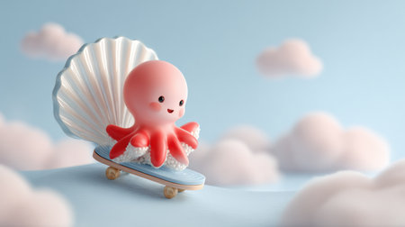 A playful baby octopus rides a seashell skateboard, gliding across a pastel sky dotted with soft clouds, capturing a sense of fun.の素材