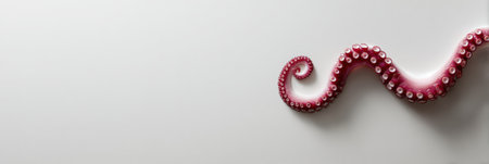 A single octopus tentacle curls elegantly on a white surface, showing its soft textures and vibrant colors in a minimal setting.の素材