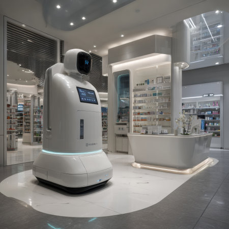 An AI-driven pharmacy robot assists in delivering medications efficiently in a clean, modern hospital environment.の素材
