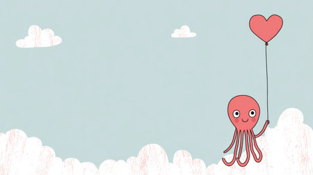 Bright and cheerful octopus happily holds a red heart balloon against a playful sky filled with fluffy clouds.の素材