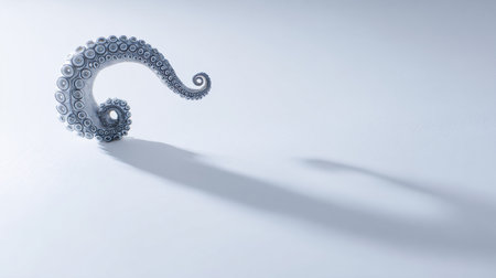A single tentacle displays a graceful curve on a white background, with a long shadow enhancing its delicate form and ample space around it.の素材