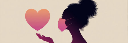 A silhouette of a person wearing a mask is seen blowing heart-shaped air against a simple clinic background featuring a blank panel.の素材