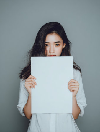 A woman with long dark hair stands in front of a plain backdrop, holding a blank sign close to her face, inviting creativity and communication.の素材