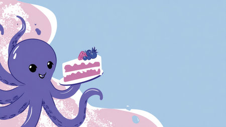A cheerful octopus mascot holds a slice of cake, surrounded by a pastel background perfect for a bakery advertisement, evoking sweetness and fun.の素材