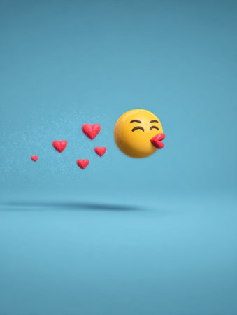 A playful emoji with a kissing expression sends out small red hearts in a vibrant blue setting, creating a cheerful atmosphere.の素材