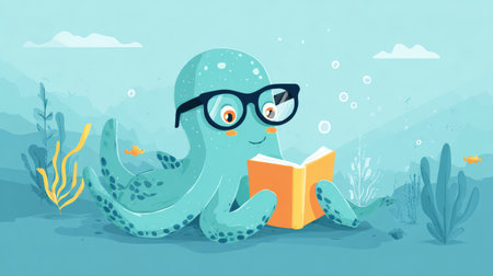 A cartoon octopus wears glasses and reads a book while sitting peacefully underwater amidst a gentle pastel environment filled with marine elements.の素材
