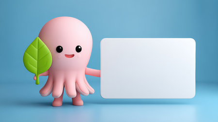 A cute octopus joyfully holds a green leaf symbolizing eco-friendliness, showcasing a clean, minimalist ocean backdrop with ample space.の素材