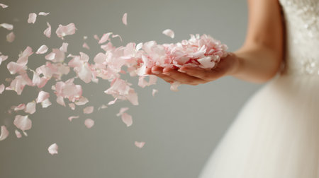 A bride scatters delicate pink petals from her hand, creating a romantic scene with a soft bouquet blur behind her.の素材