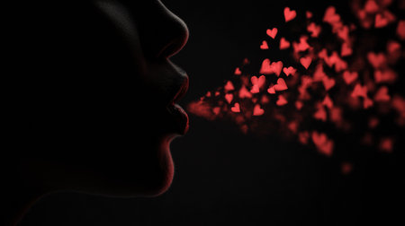 Silhouette of lips blowing red heart confetti in soft focus against a black background creates a romantic and cinematic effectの素材