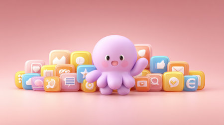 A cute octopus teacher joyfully points at floating digital icons, creating an engaging atmosphere for educational technology discussions.の素材