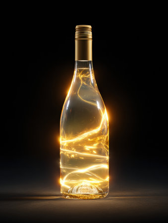 A luxury wine bottle glows with a golden rim light against a dark background, highlighting its premium quality and design.の素材