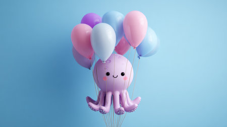 A charming octopus joyfully holds a variety of pastel balloons against a large pastel void, perfect for a birthday ad concept.の素材