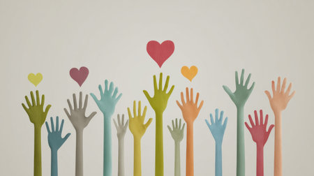 Hands of different colors upward reach, symbolizing community care, support, and sharing love in a simple, heartwarming design.の素材