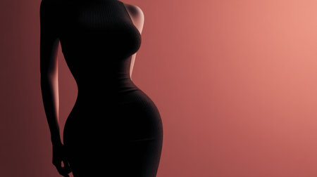 A silhouette of a figure in a tight dress highlights the belly bulge, illustrating body shape difficulties within a stylish context.の素材