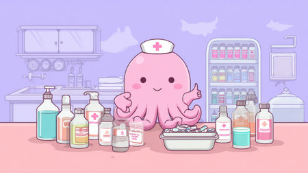 Cute octopus in nurse outfit cheerfully shows thumbs up in a vibrant pastel medical area with various supplies around.の素材