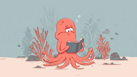 A relaxed cartoon octopus sits on the ocean floor, happily reading a book surrounded by sea plants and gentle bubbles.の素材