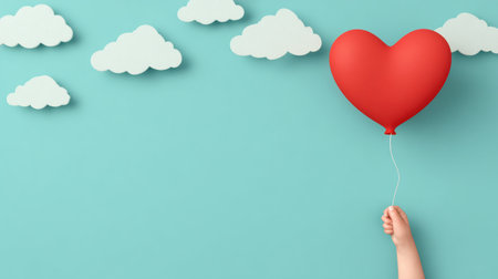 Cute hands grasp a bright heart balloon, floating high against a serene pastel sky filled with fluffy clouds, creating a whimsical scene.の素材