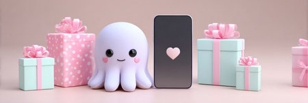 A cheerful octopus mascot holds a smartphone beside colorful gift boxes, ready for a fun shopping promotion in a pastel setting.の素材