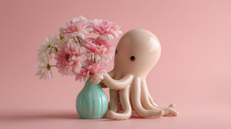 A playful octopus gently holds a beautiful bouquet of flowers, creating a sweet romantic atmosphere in soft pastel colors.の素材