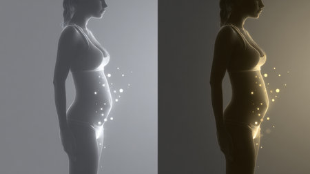 This infographic features a female body silhouette showing weight loss progress with sleek medical graphics on a neutral background.の素材