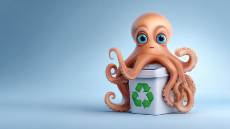 Octopus supports eco-friendly practices by holding a recycling bin in a wide, clean area, encouraging waste management awareness.の素材