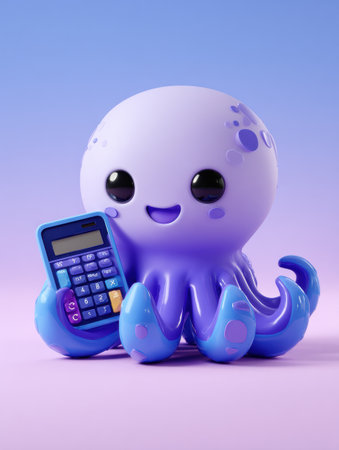 A joyful octopus mascot smiles while holding a calculator against a light pastel background, promoting budget planning and finance.の素材