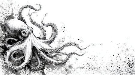 Dynamic ink splash outlines a graceful octopus, offering a clean central area for text and a sharp monochrome effect, ideal for creative layouts.の素材